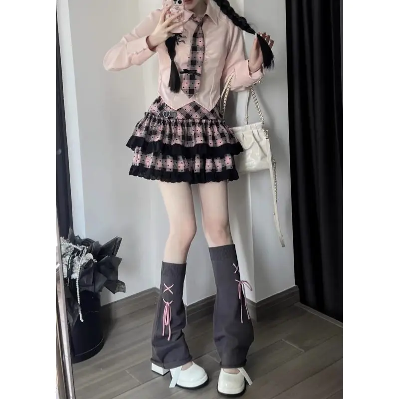 Preppy نمط جديد الدانتيل نحيل 2 قطعة مجموعة النساء تصميم الحلو المرقعة منقوشة تنورة قصيرة الإناث + كم طويل التلبيب الوردي تي شيرت