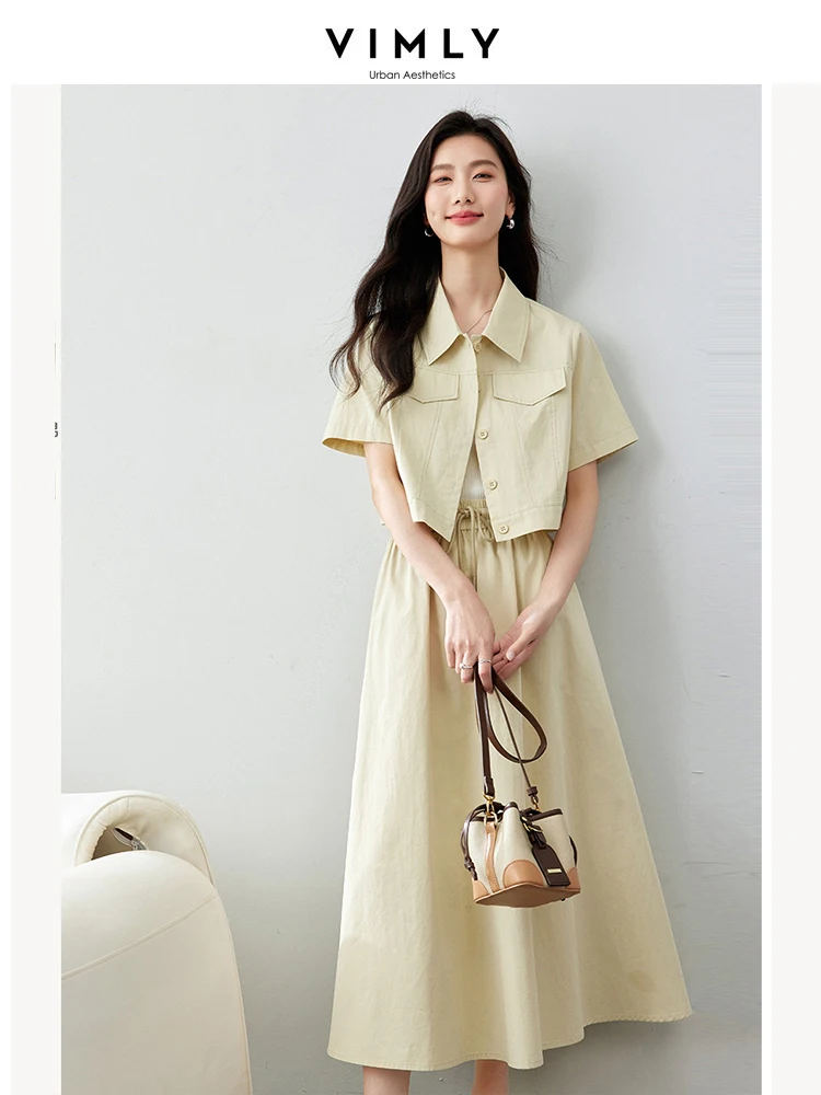 VIMLY Women Workwear Shirt Suit Skirt 2024 Summer Two Piece Set Casual Loose Turndown Collar Shirt+ Tie At Waist Skirt 16659