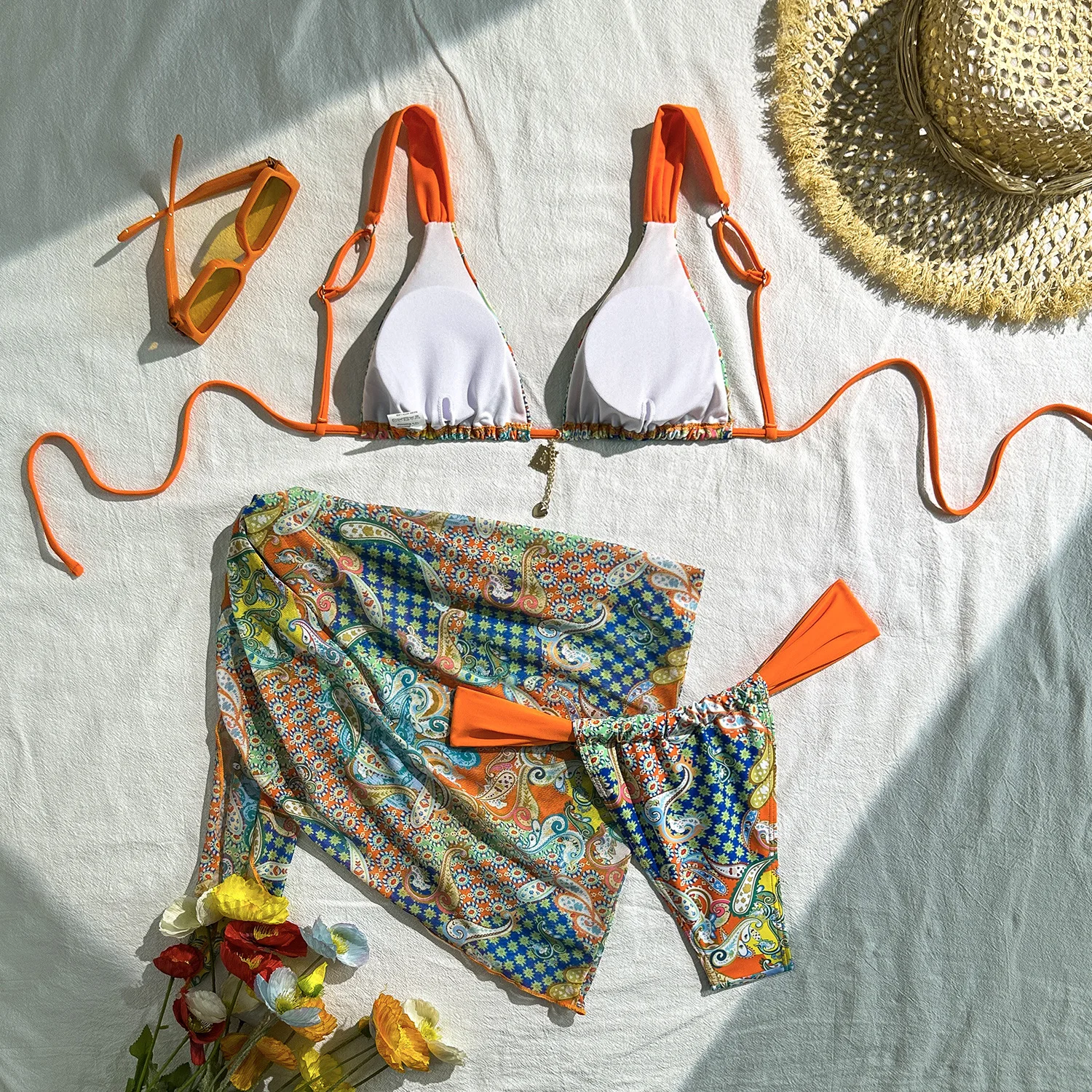 섹시한 플라워 프린트 백 타이 비키니 세트 3종 (커버 스커트, 끈 팬티 수영복 포함) 비치웨어 비키니 탱키니 트리키니