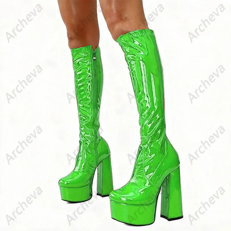 أحذية عالية للركبة مصنوعة يدويًا باللون الذهبي الوردي - كعب كتلة منصة، جلد لامع لامع، أحذية الحفلات النسائية مقاس أمريكي 5-20 #4