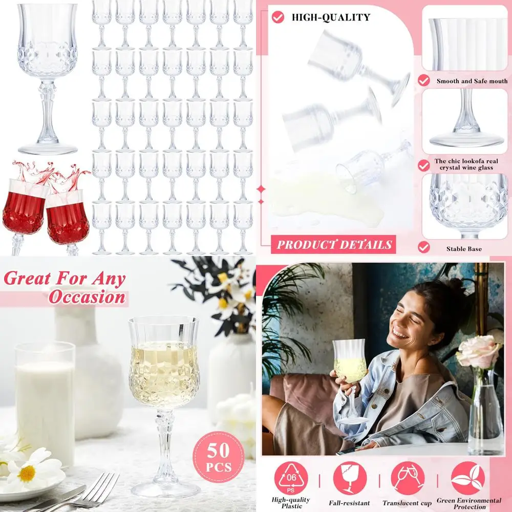 

Reusable 50 Pack 7 Oz Vintage-Style Colored Patterned Plastic Wine Glasses, Dishwasher Safe Drinking Water Cups for Everyday Use