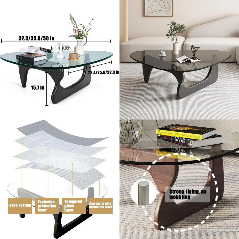 

Треугольный журнальный столик середины века из орехового дерева с прозрачной стеклянной столешницей для гостиной, минималистичный стиль (36x25,6x16)