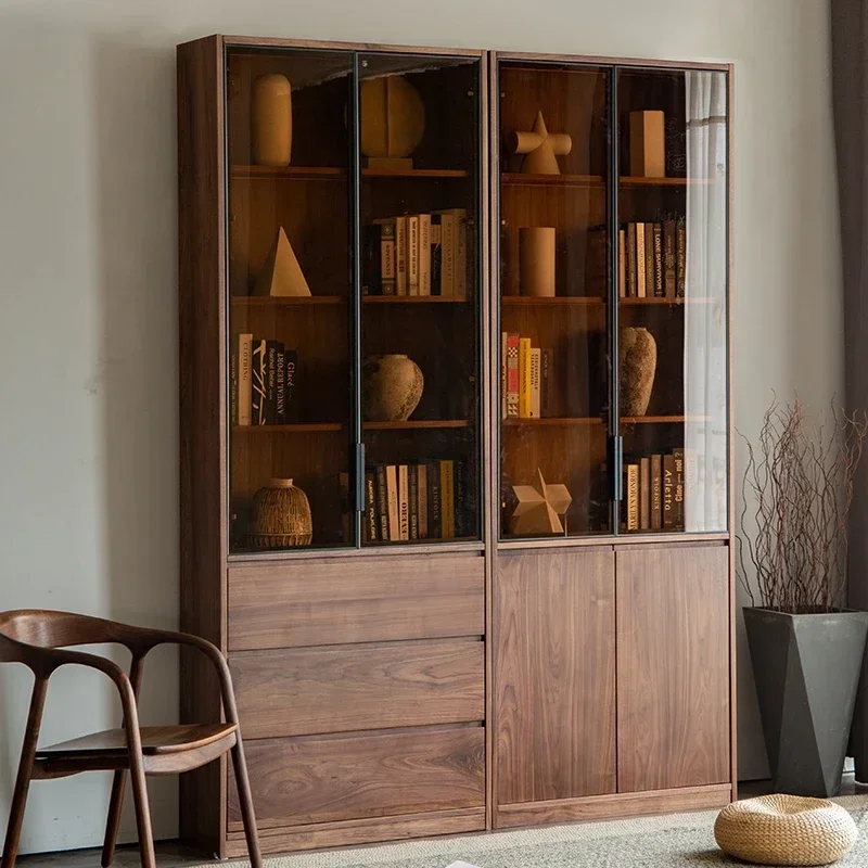 HHBlack Walnut Glass Display Cabinet Storage Living Room Side Cabinet