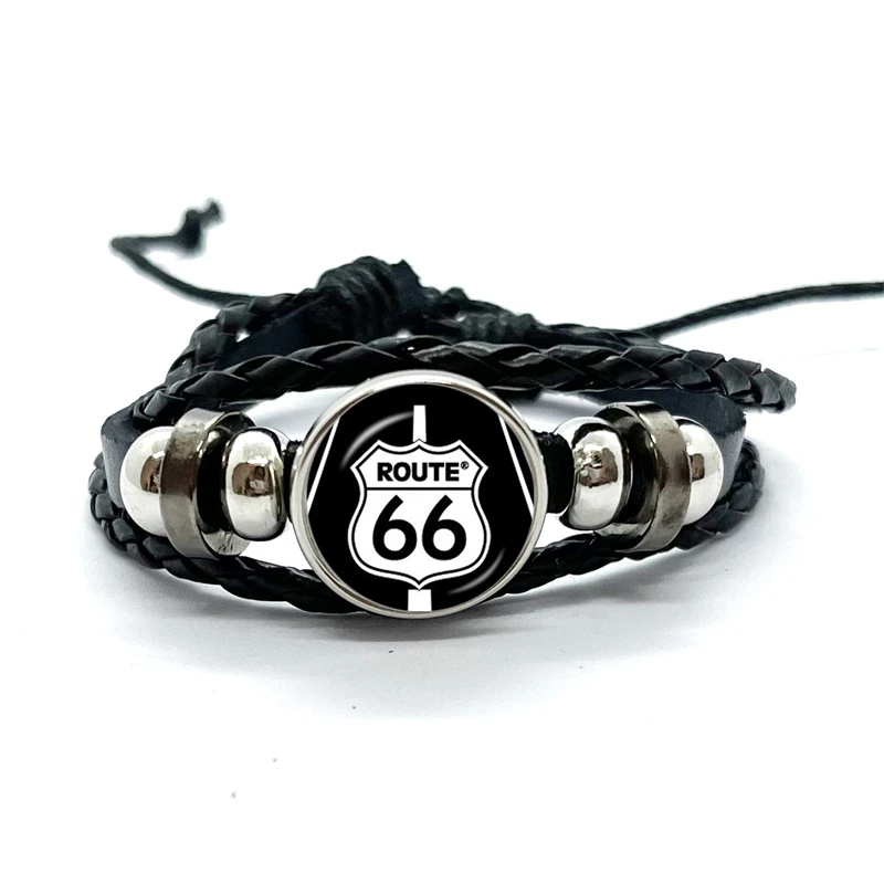 Old-fashion Signs US Route 66 Punk Bracelet Classic Retro Art Photo Glass Leather Bracelets Men Women Jewelry Gifts