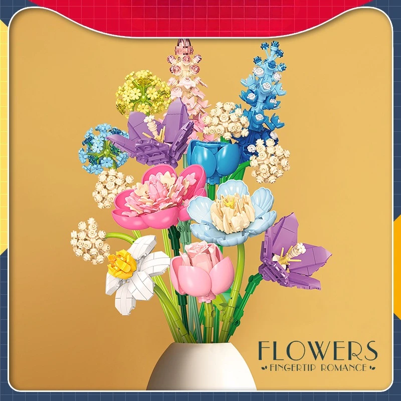 

DIY строительные блоки, набор цветов, маленькие кирпичи, декор для рабочего стола, имитация цветочной композиции, новая модель, креативная игра