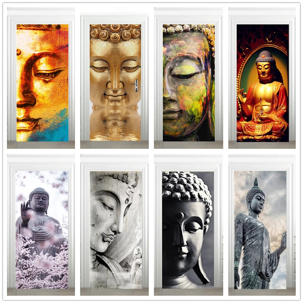 

Buddha PVC Self-adhesive Door Sticker Yoga Room Meditation Mural Wallpaper Waterproof Living Room Bedroom Stickers Home Decor