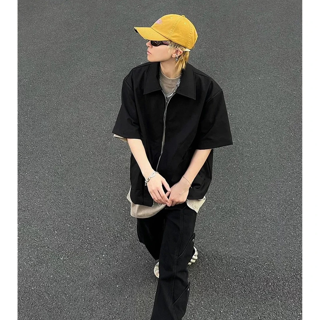 

Bla Zipper ort Sve irt Jaet Men's Summer Faion Drapey Loose Fit Stand Edition Casual Busin Sle