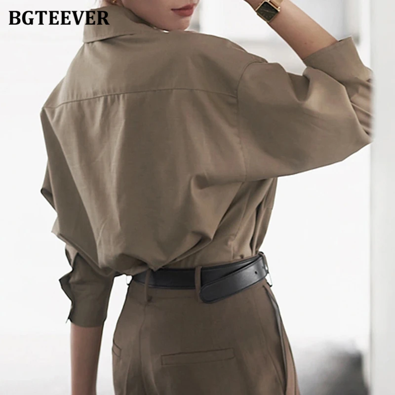 BGTEEVER Vintage Loose Single-breasted Female Shirts Spring Summer Lapel Full Sleeve Pockets Stylish Women Blouses Tops