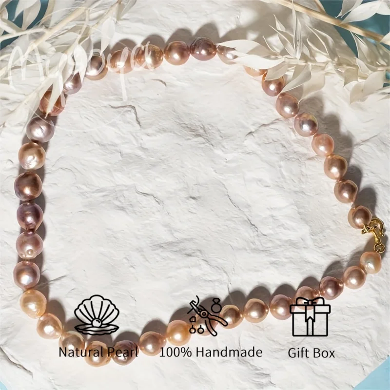 

MYSOYA Purple Pink Baroque Pearl Necklace 10-12mm Real Pearl Necklace with Golden Hook, with Gift Box, Gift for Him/ Her