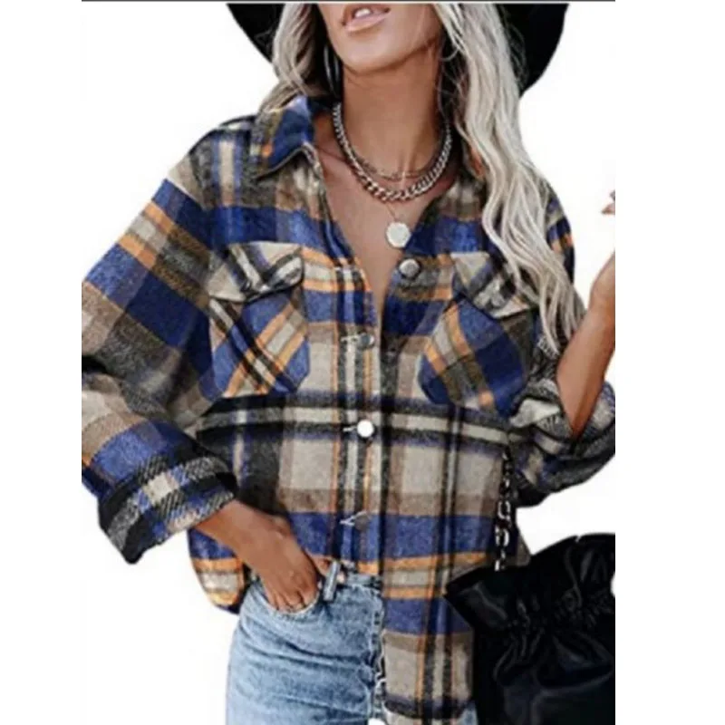 2023 Autumn and Winter Women\'s New Fashion Casual Checker Shirt Loose and Comfortable Versatile Woolen Flannel Button Up Coat