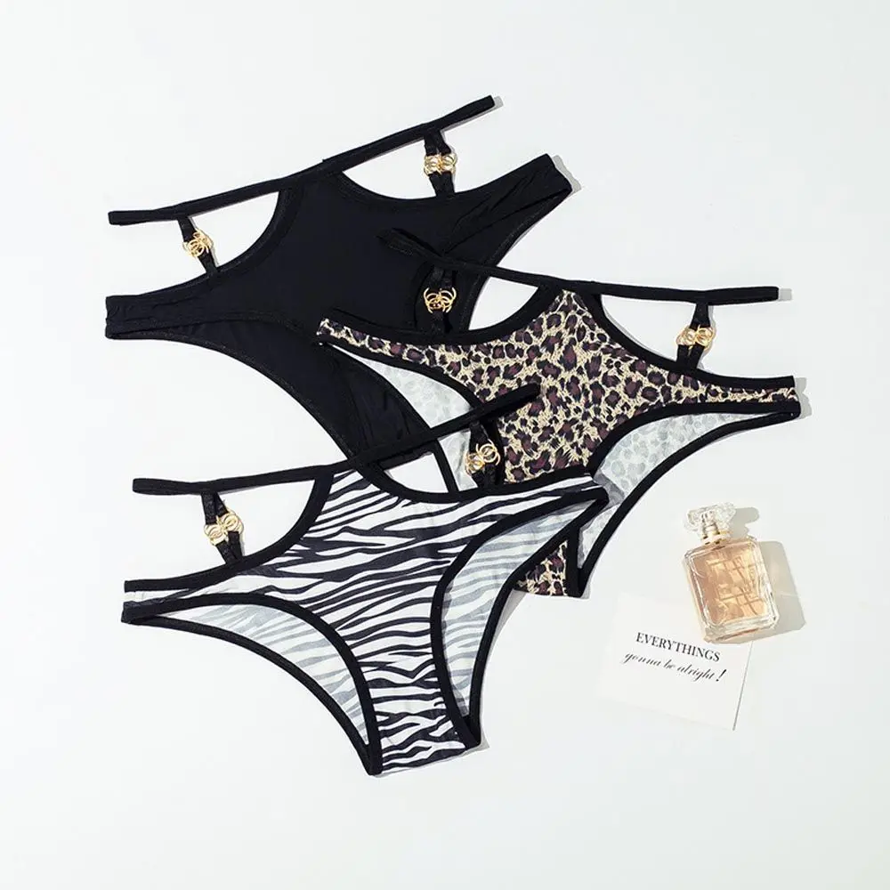 

Elegant Sexy Hollow Belt Metal Buckle Cotton Crotch Mid Waist Underpants Leopard Briefs Korean Underwear Women Panties