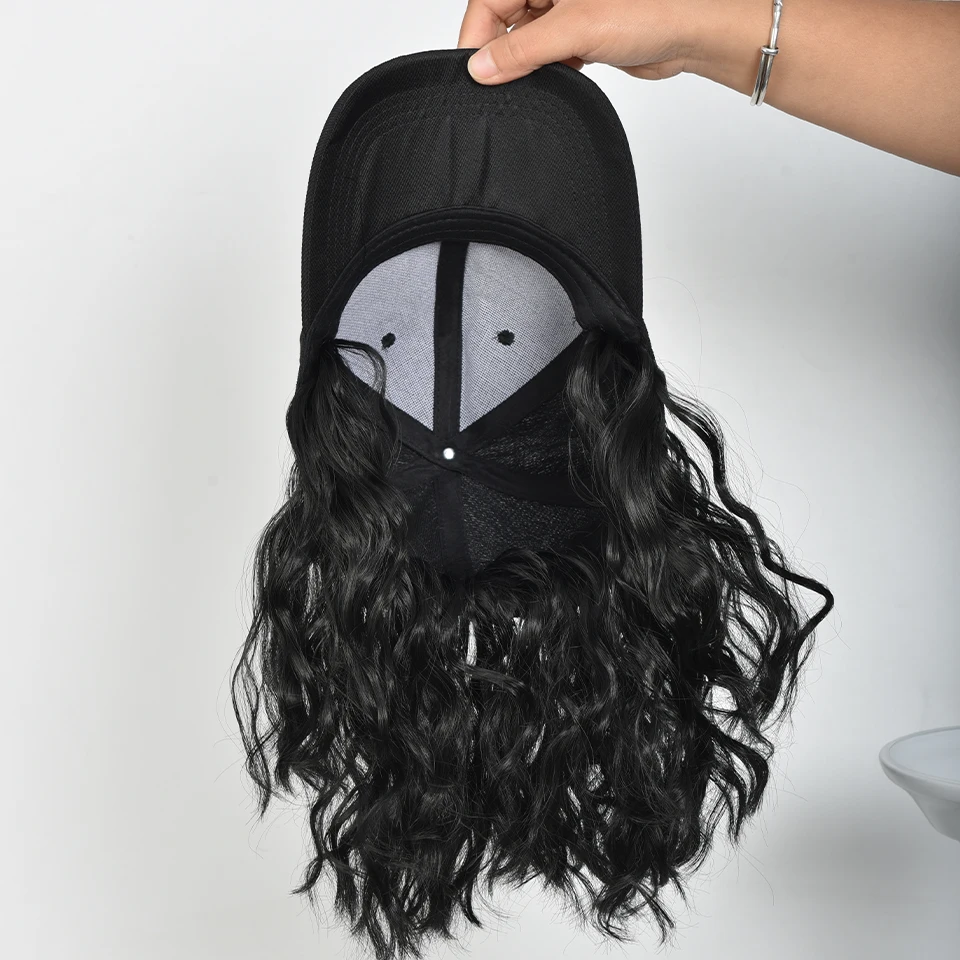 BeautyEnter Synthetic Black Baseball Cap with Hair Extensions Curly Wavy Short Bob Hairstyle Adjustable Hat Wig for Women Girl