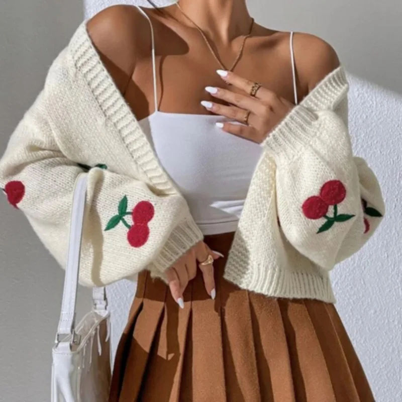 Women Sweaters Cardigan Long Sleeve Knitted Coats Spring Autumn Cherry Embroidery Jackets Elegant Female Casual Loose Knitwear