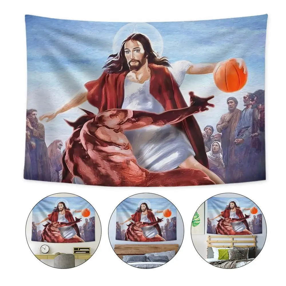 

Funny Jesus Play Basketball Tapestry Custom Home Living Room Bedroom Wall Decor Wallpaper Backdrop Cloth With Clips