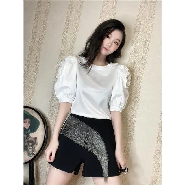 KUSAHIKI Sweet Chic Flower Puff Sleeve Shirts for Women Summer Causal O-neck Y2k Top 2023 New Solid Korean Graphic T Shirts