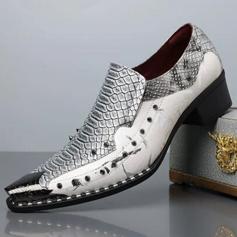 Fashion Men Snake Skin Print Pointed Toe Loafers Rivet Studded Color Block Chunky Heel Party Wedding Formal Business Dress Shoes