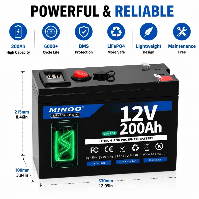 12V50Ah 80Ah 120Ah 180Ah 200Ah LiFePO4 Battery Rechargeable Cells 15000 Cycle with BMS For RV/ Vans/ Camping/ Home Storage/Solar