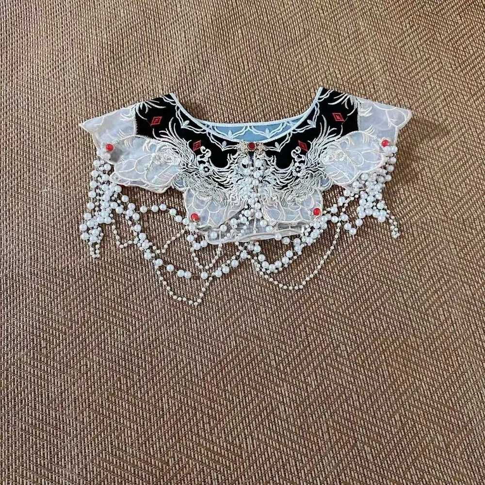 Chinese Style Hanfu Collar Pearl Embroidery Design Embroidered Shawl Tassels Floral Pattern Detachable False Collar
