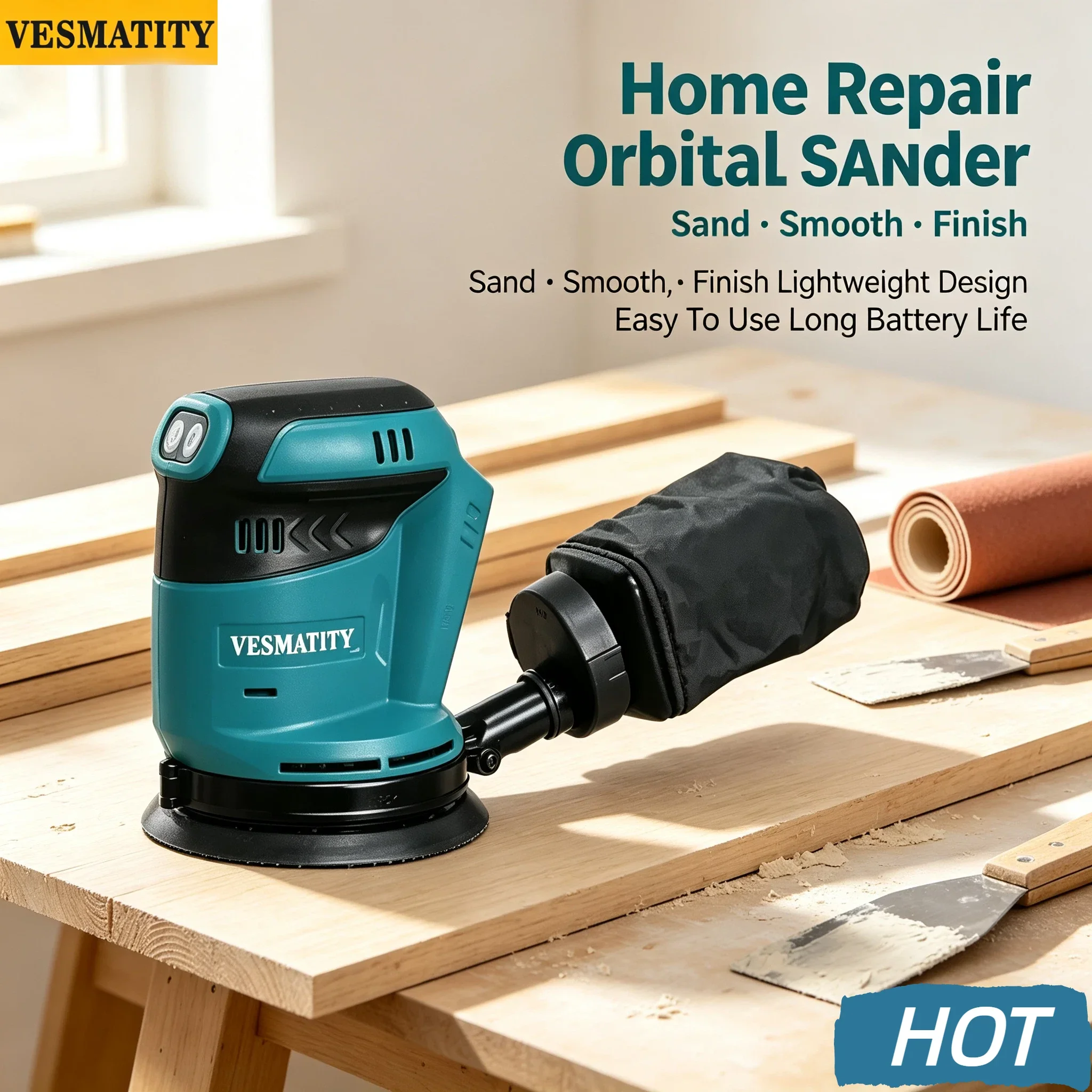 Vesmatity Cordless Disc Sander DBO180Z Random Orbit Rechargeable Sanding Woodworking Polishing Tool 18V 20V Battery Max Pro Set
