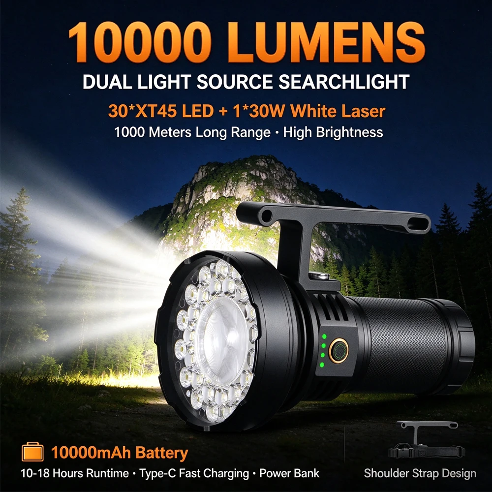 High Power LED Flashlight 10000 Lumens Ultra Bright Searchlight USB Rechargeable Dual Light Source Hand Lantern Outdoor Camping