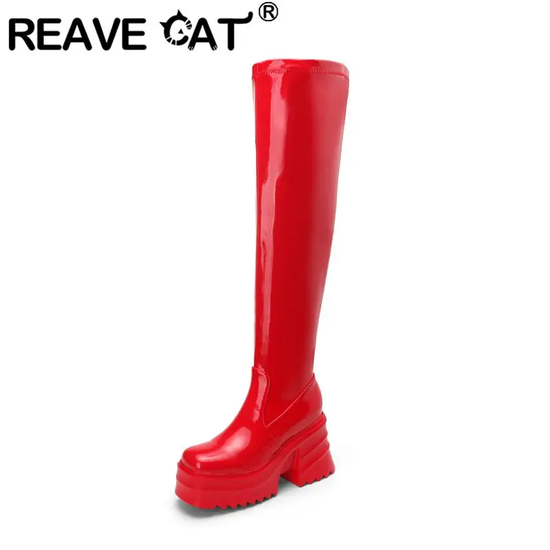 

REAVE CAT New Patent Leather Women Thigh High Boots Chunky Heel 9cm Double Platform Zipper Plus Size 41 42 43 Sexy Party Booties