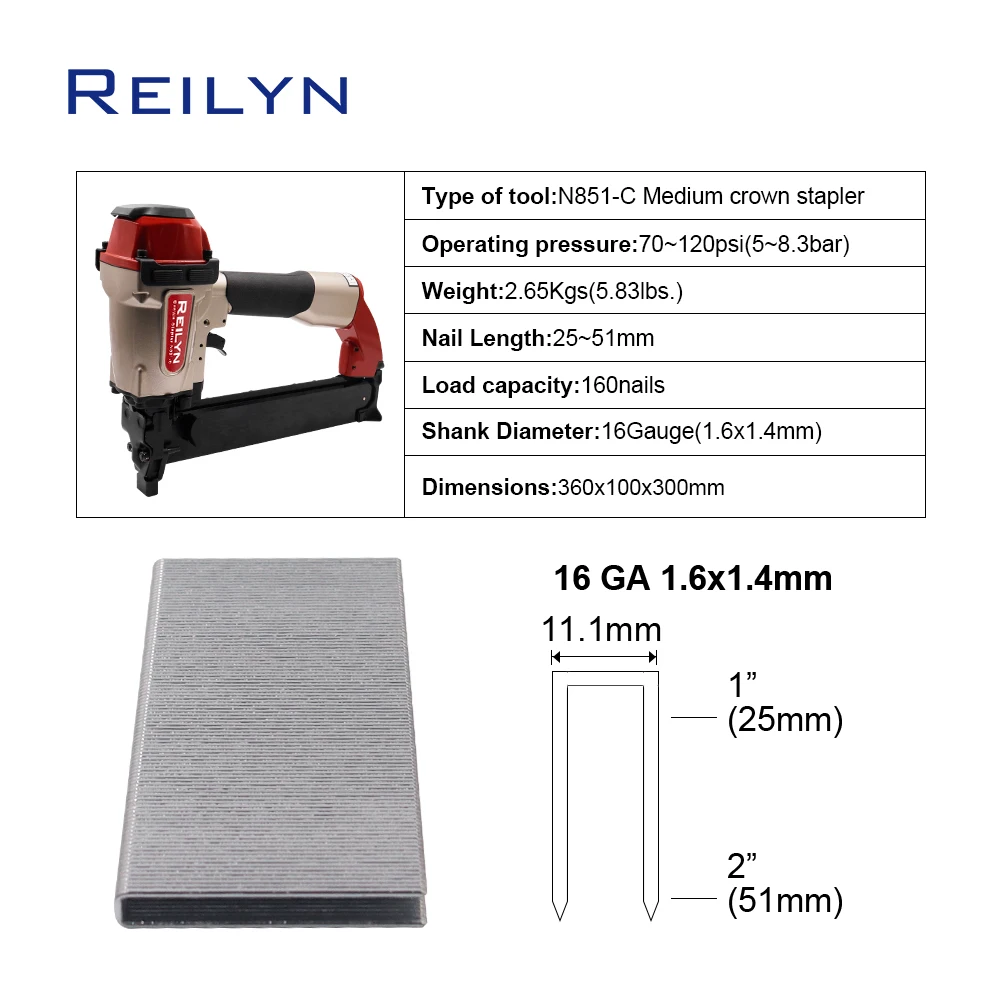 Reilyn 16Ga Wide Crown Nailer N851C Air Framing Stapler Heavy Duty Upholstery Nail Gun for WoodBoard Processing Pneumatic Tool