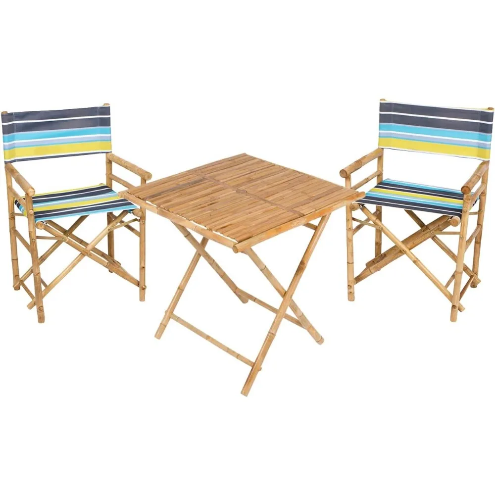 new Bamboo Bistro Set of Handcrafted Square Director Umbrella Hole V2023 Set of 1 Table and 2 Chairs, Green Stripe Canvas