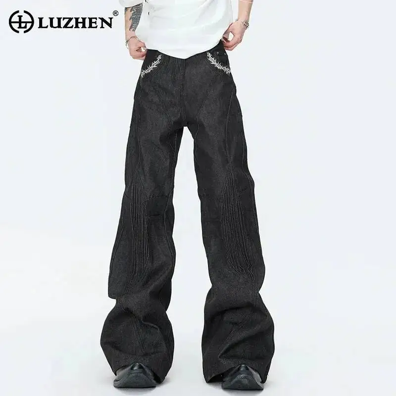 LUZHEN New Pockets Embroidery Pattern Pleated Design Wide Leg 2026 Casual Jeans Men's Fashion High Quality Denim Pants JY8044
