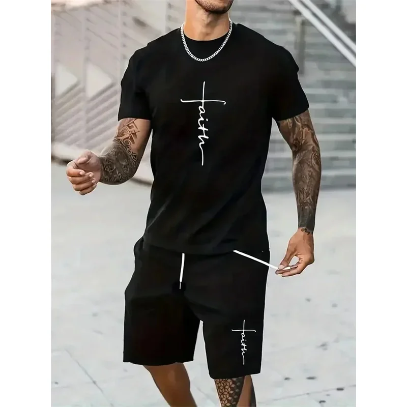 

Mens T Shirt Shorts Set Fashion Mens Cross Printed Short Sleeve Two Pieces Oversized Outdoor Beach Sports Men's Plus Size Suit