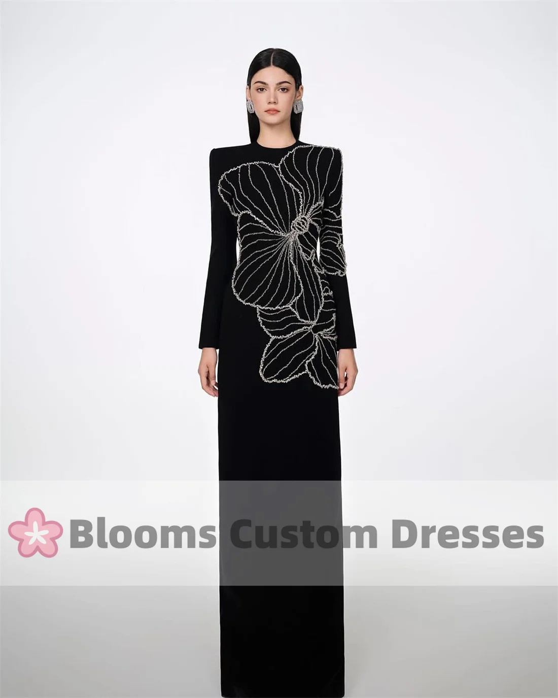 Customized Black Crepe Beaded Luxury Evening Dress 2024 Long Sleeves Elegant Prom Dress Floor-Length O-neck Formal Party Gown