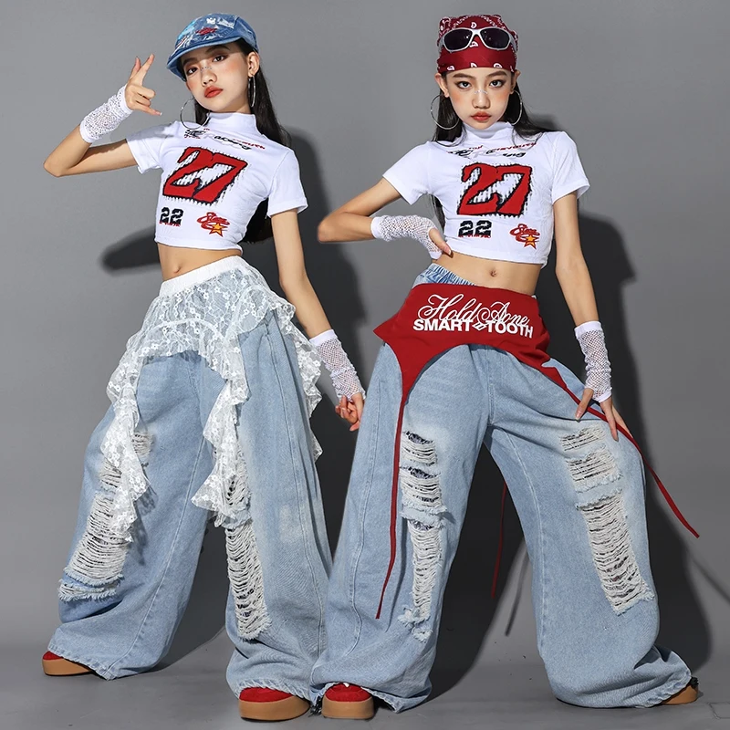 Kinder Jazz Dance Kleidung Mädchen Kpop Outfit Weiß Crop Top Denim Baggy Hosen Mode Hip Hop Kostüm Street Dance Tragen 2485