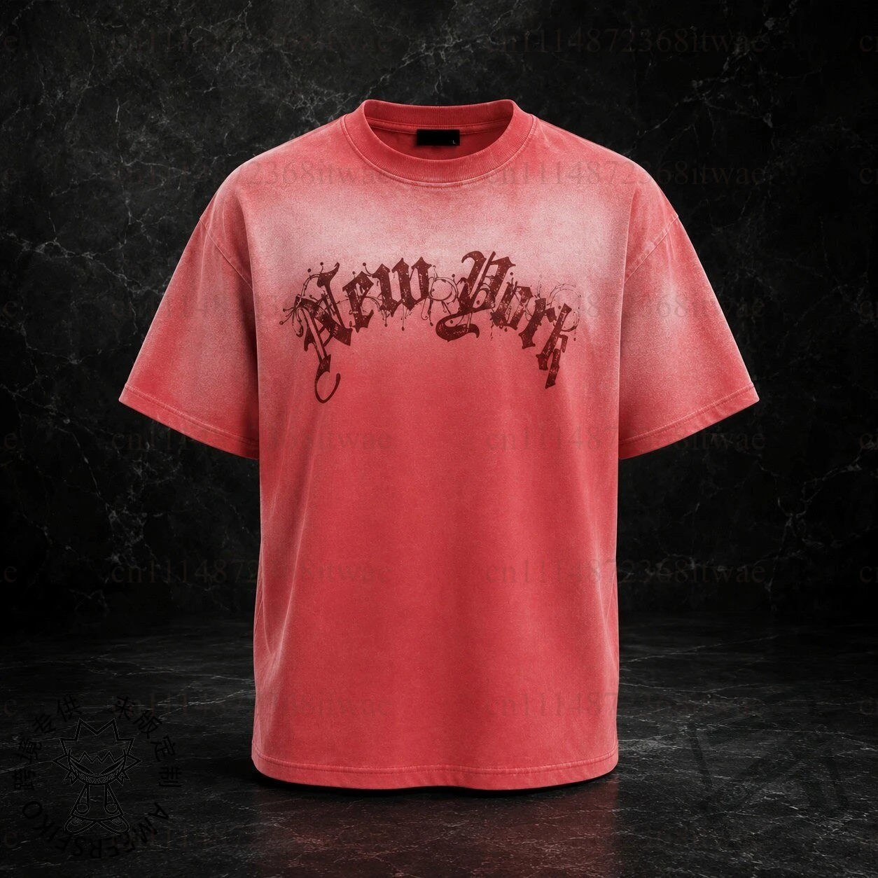 New York Brick Red Tee Gothic Letter Print Crew Neck Short‑Sleeve Arirang Loose Vintage Street Casual