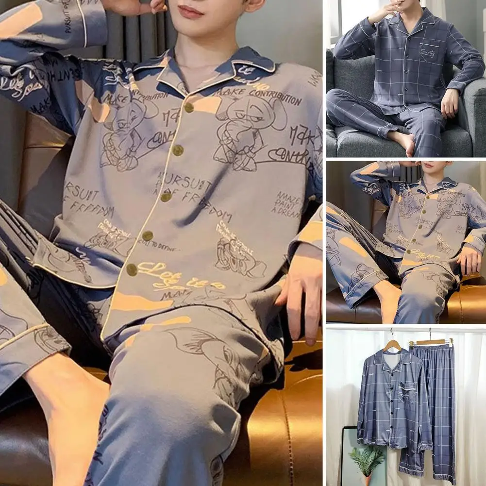 Men Pajama Set Men's Plaid Print Pajama Set with Long Sleeve Shirt Elastic Waist Pants Loungewear for Spring Fall Loungewear Set