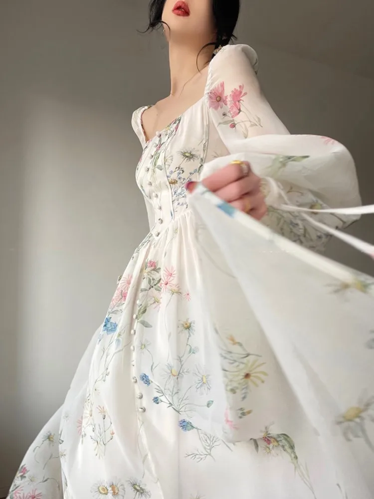 Vestido largo de fiesta de noche de Vinatge francés para mujer, vestido de princesa Floral de línea a, manga de linterna, primavera y verano, bata