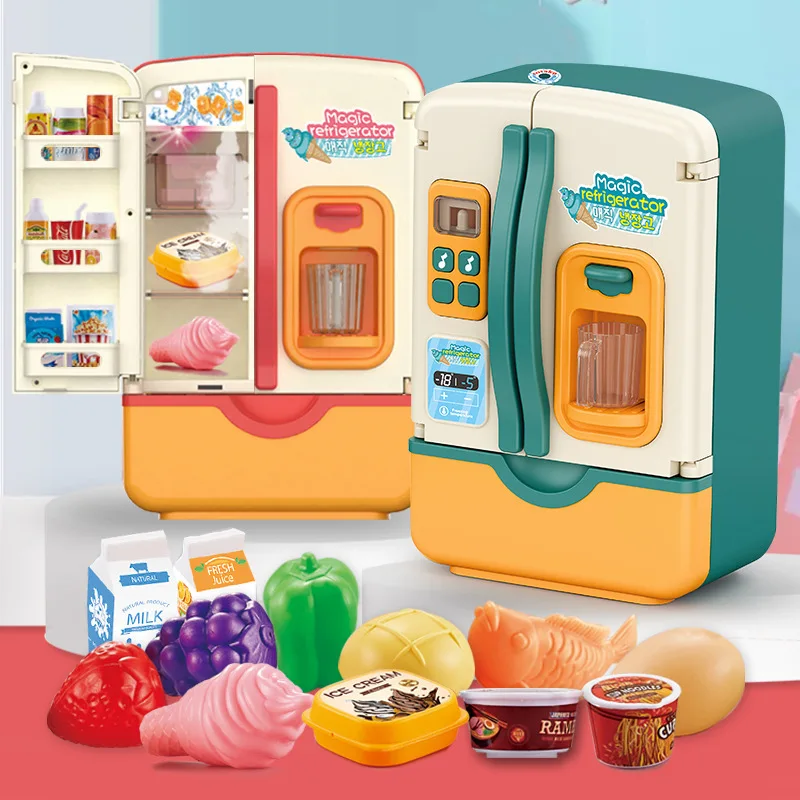 Frigorifero Giocattolo per Bambini con Distributore di Ghiaccio, Musica, Luce e Nebbia Spray - Set da Cucina Finta con Cibo per Ragazzi e Ragazze dai 6 Anni in su
