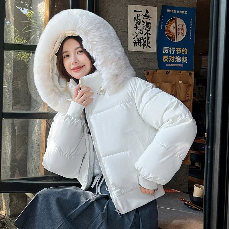 2025 High-waist Short Cotton-padded Coat Women's Winter Hooded Parkas Fur Collar Thicken Warm Outerwear Student Loose Jackets