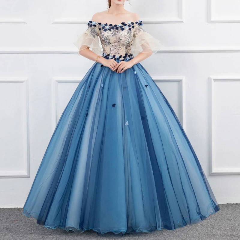 Customized Elegant Slash Neck Flower Appliques Slim Waist A-line Ball Gown Exquisite Floral Embroidery Appliques Gown Long Tiere