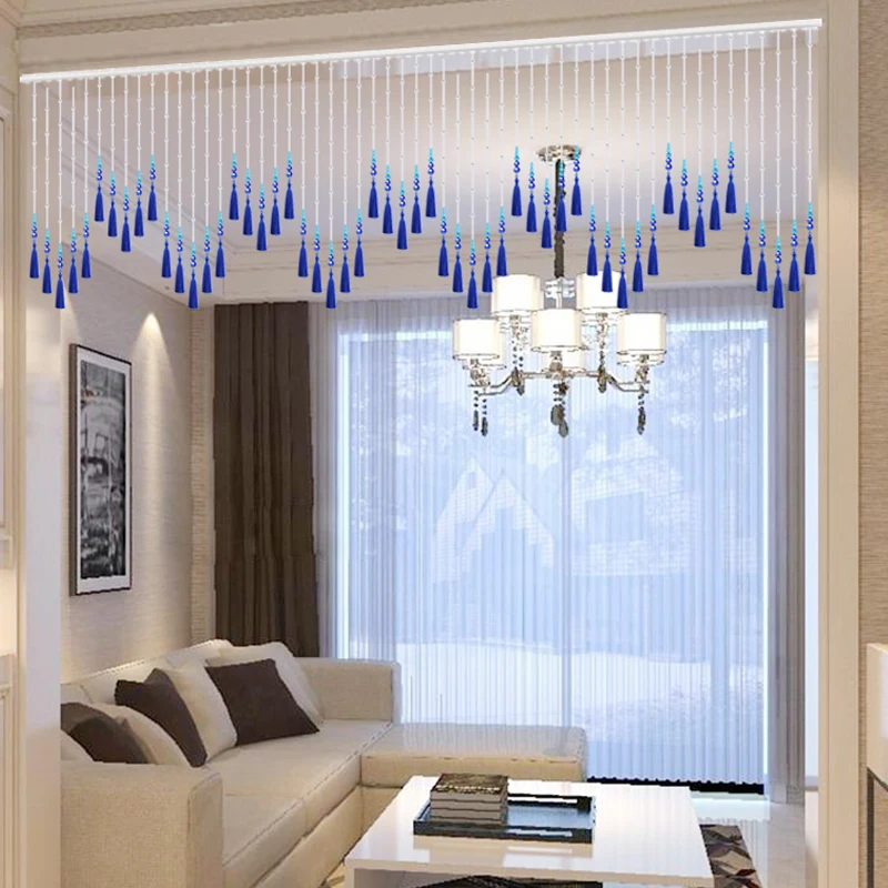 Punch free new style bead curtain blue tassel crystal partition curtain living room decorative curtain room decoration