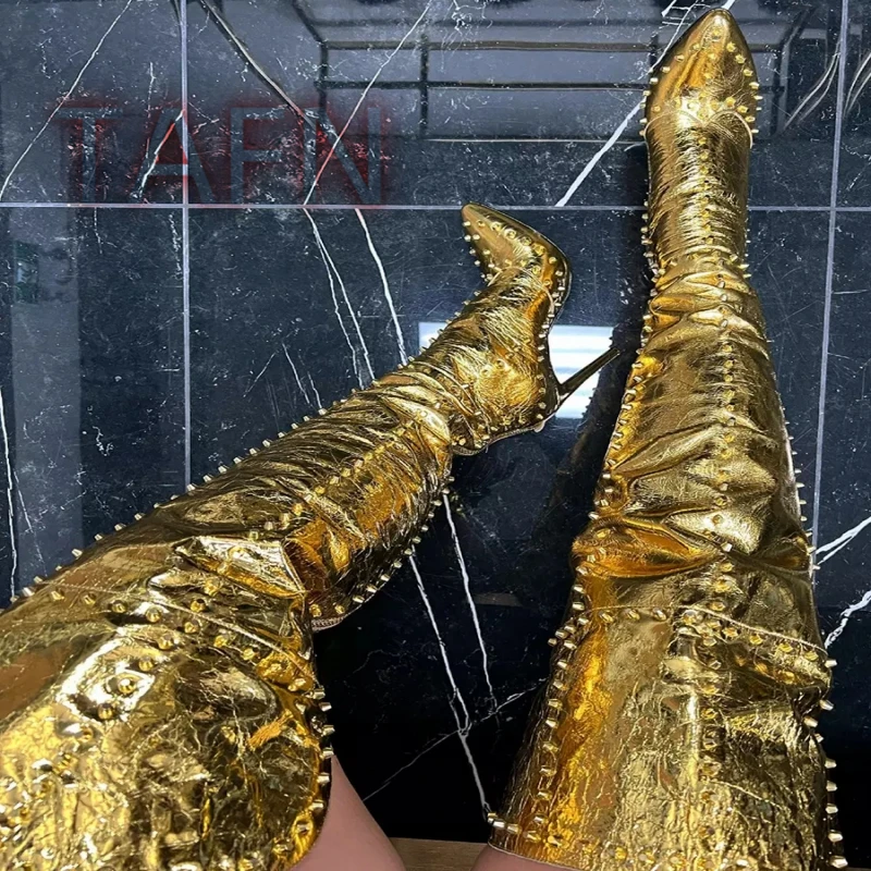 

Sparking Studded Thigh High Boots Pointed Toe Over The Knee Boots Gold Rivets Long Boots Sexy Metal High Heels Fashion Boots