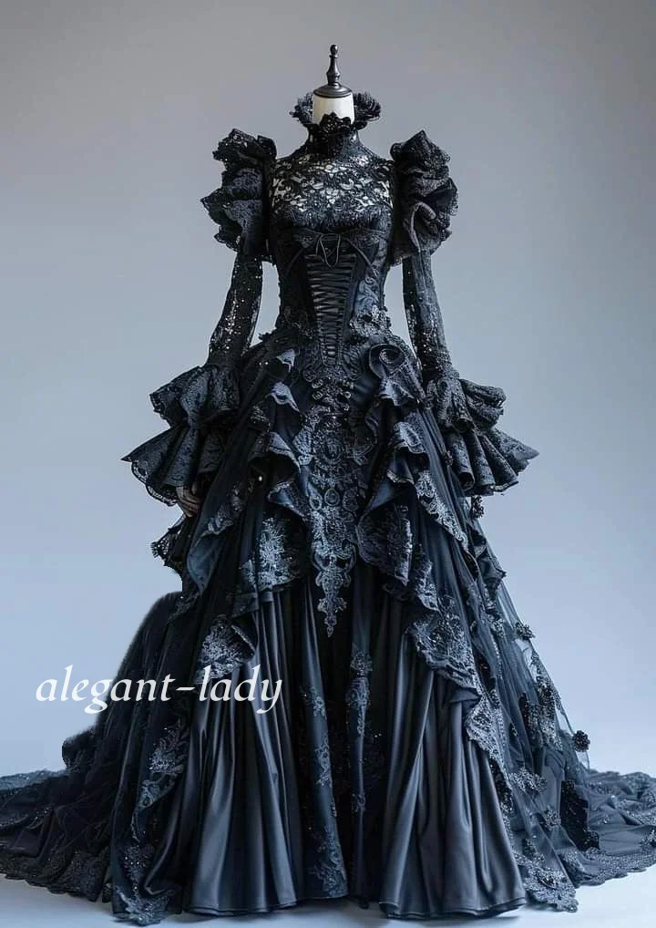 

Customised Black Gothic Lace Prom Dress High Neck Embroidered Lace Corset Gown Special Occasion Ball Gown Cosplay Costume