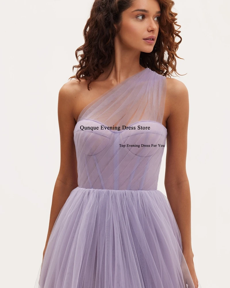 Qunque One Shoulder Lilac Tulle Prom Dresses Customized Vestidos De Gala Tea Length Skirt Ruched Pleat A-line Robes De Soirée