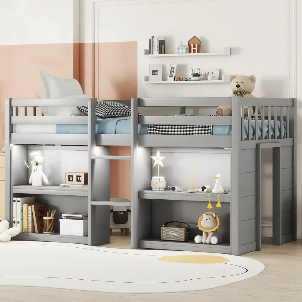 

Низкая кровать-чердак для двух размеров с полками для хранения вещей, деревянная детская двуспальная кровать-чердак со светодиодной подсветкой и полками, низкая кровать-чердак для детей