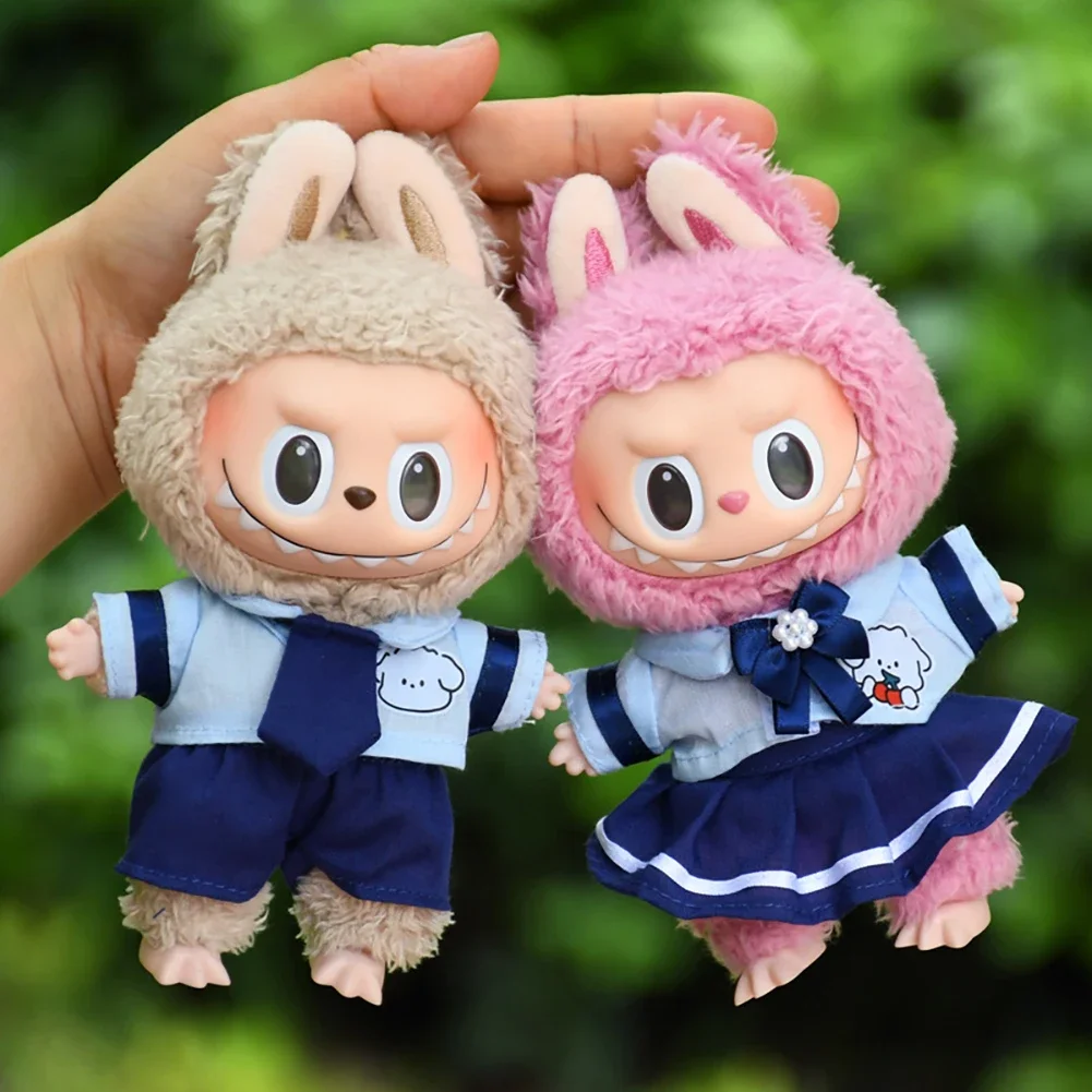 17cm Mini Plush Doll Clothes Student Uniform Style Outfit for Labubu Idol Dolls Cartoon Overalls Clothing doll accessories