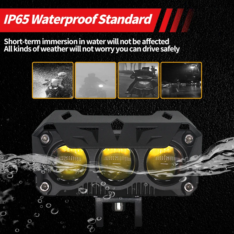2pcs 3 Lens Motorcycle Headlight LED Work Light Dual Color Hi/Low Beam Spotlight Flashing Fog Lamps White/Yellow Led Para Motor