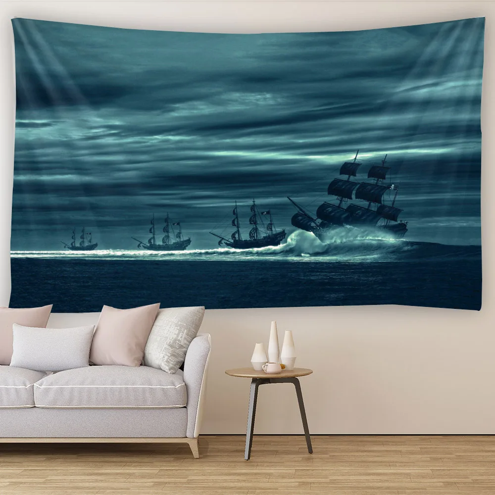 Dreamy Sea and Pirate Ship Tapestry - Oil Painting Style Murals for Bohemian Home Decoration, Ocean themed Rooms or Bedcovers