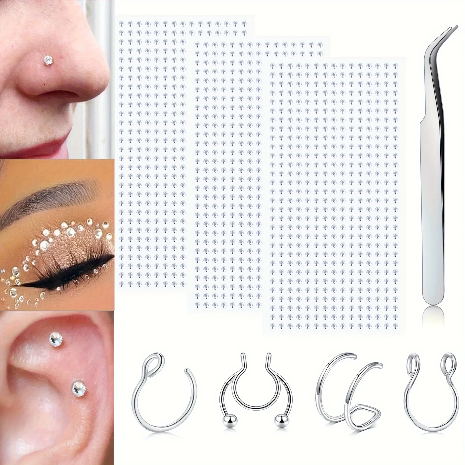 Acrylic Rhinestone Stickers DIY Lip Nails Eyebrow Nose Ear Bone Nails Stainless Steel Tweezers Fake Nose Rings Set