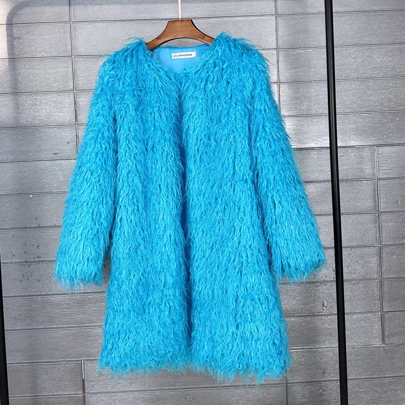 Sky Blue Long Faux Fur Jacket Women Winter Plush Coat Long Sleeves 2024 New Artificial Fluffy Jacket Streetwear Warm Overcoat