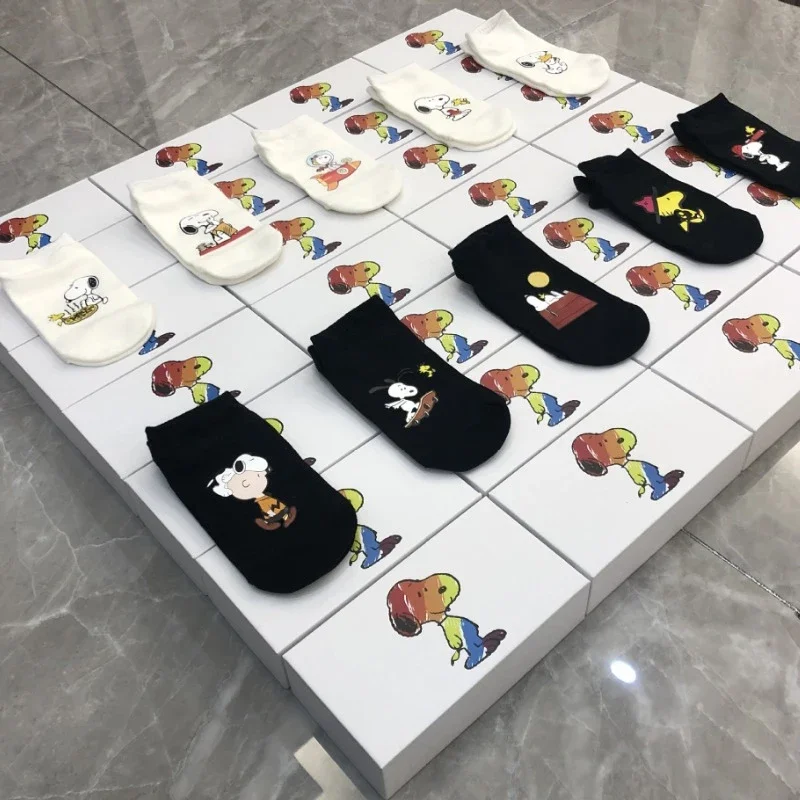 5 Pairs Snoopy Women Socks Cartoon Combed Cotton Breathable Men Short Boat Sock Casual Ladies Shallow Mouth Invisible Ankle Sock