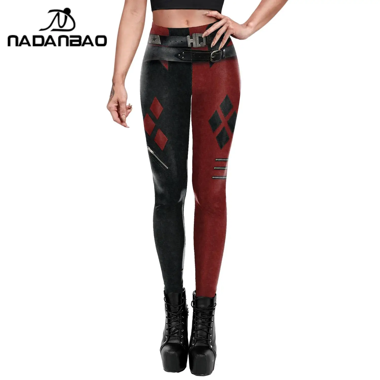 Nadanbao 2024 Womens for Leggings Gothic Style Denim Print Slim Stretch Trouser Black Leggings Street Leisure Pants