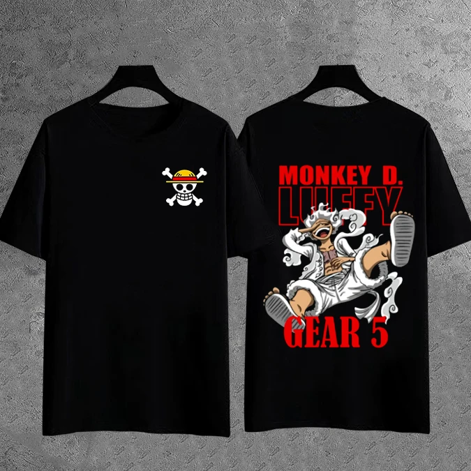 OnePiece Luffy Character Letter Printed T-shirt Men's Street Style Front and Back Printed Anime Short Sleeve